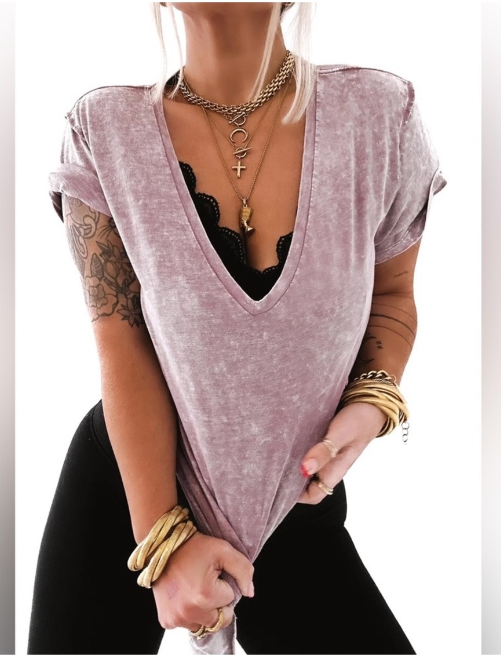 PEBBY FOREVEE PREMIUM PLUNGE V-NECK MINERAL WASHED SIDE SLIT TOP - Picture 3 of 9